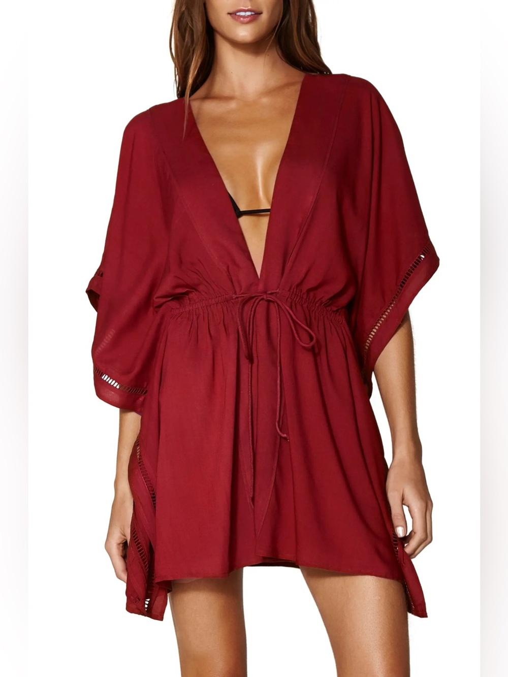 ViX Paula Hermanny Embroidered Kimono Burgundy Cover Up Wrap Women Size M